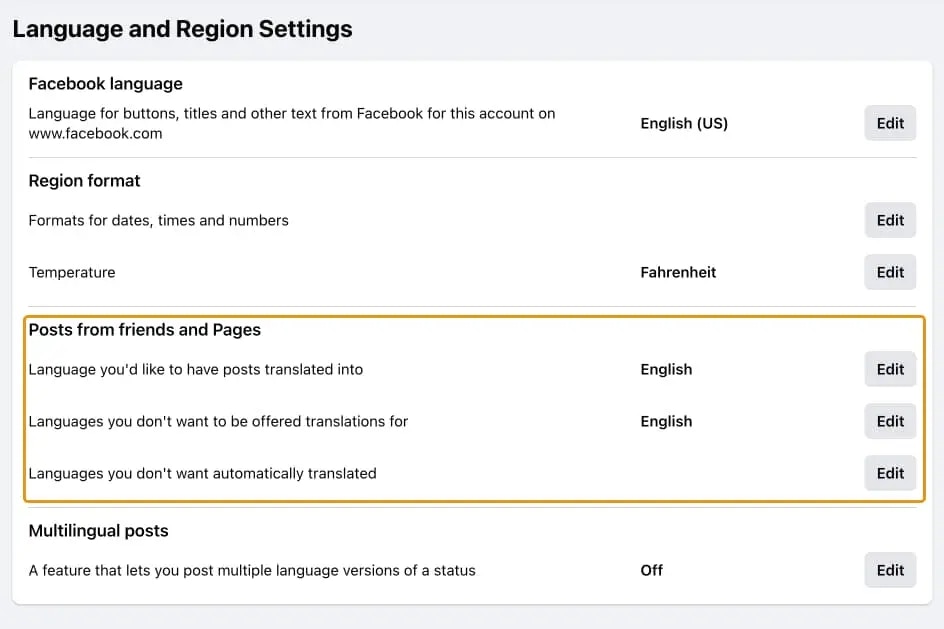 Facebook Multiple Language Settings