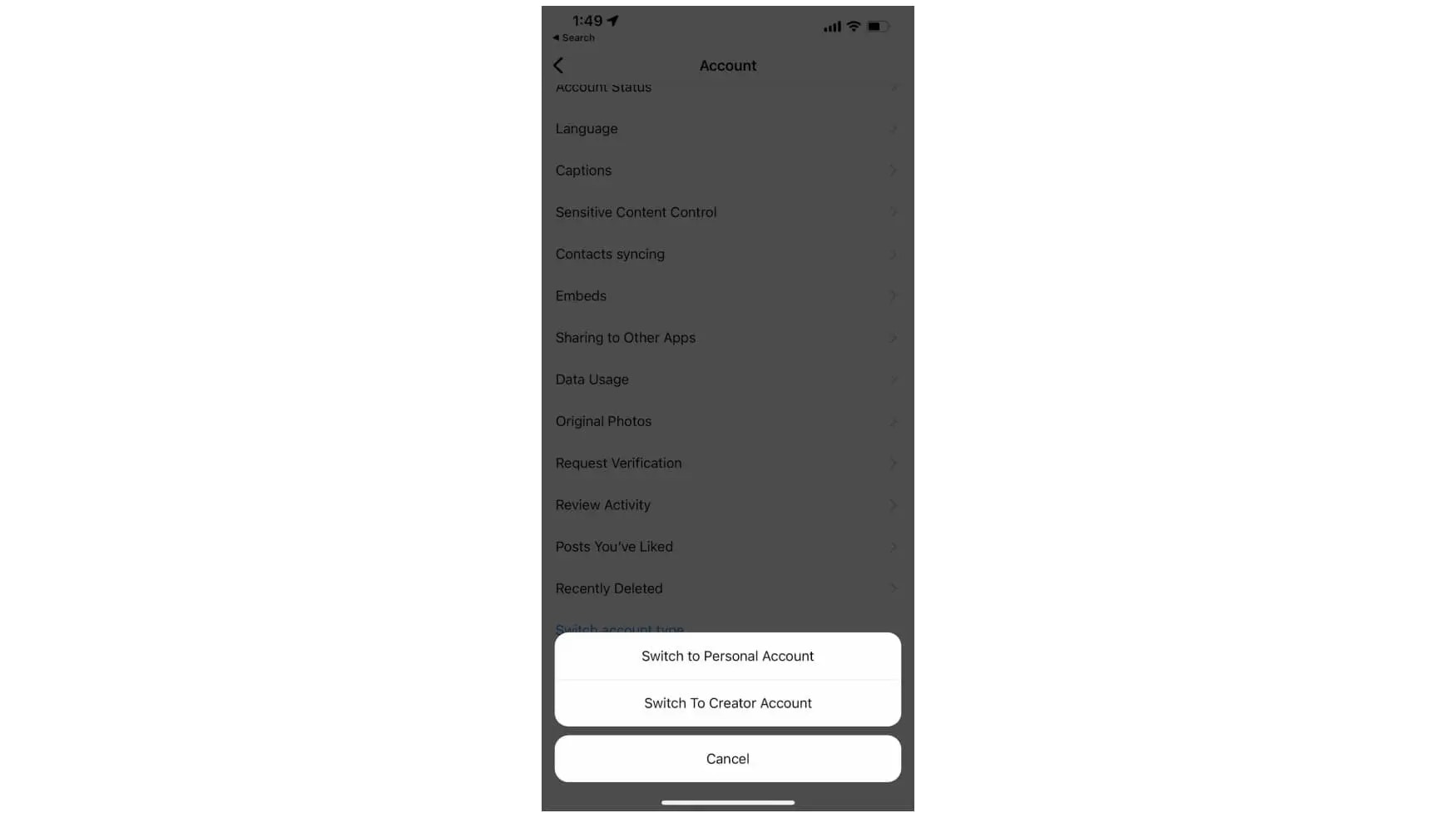 Verify Instagram account is Business