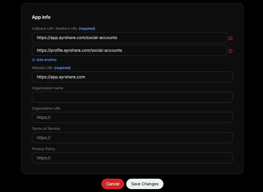 App info form with callback URL and website URL filled in