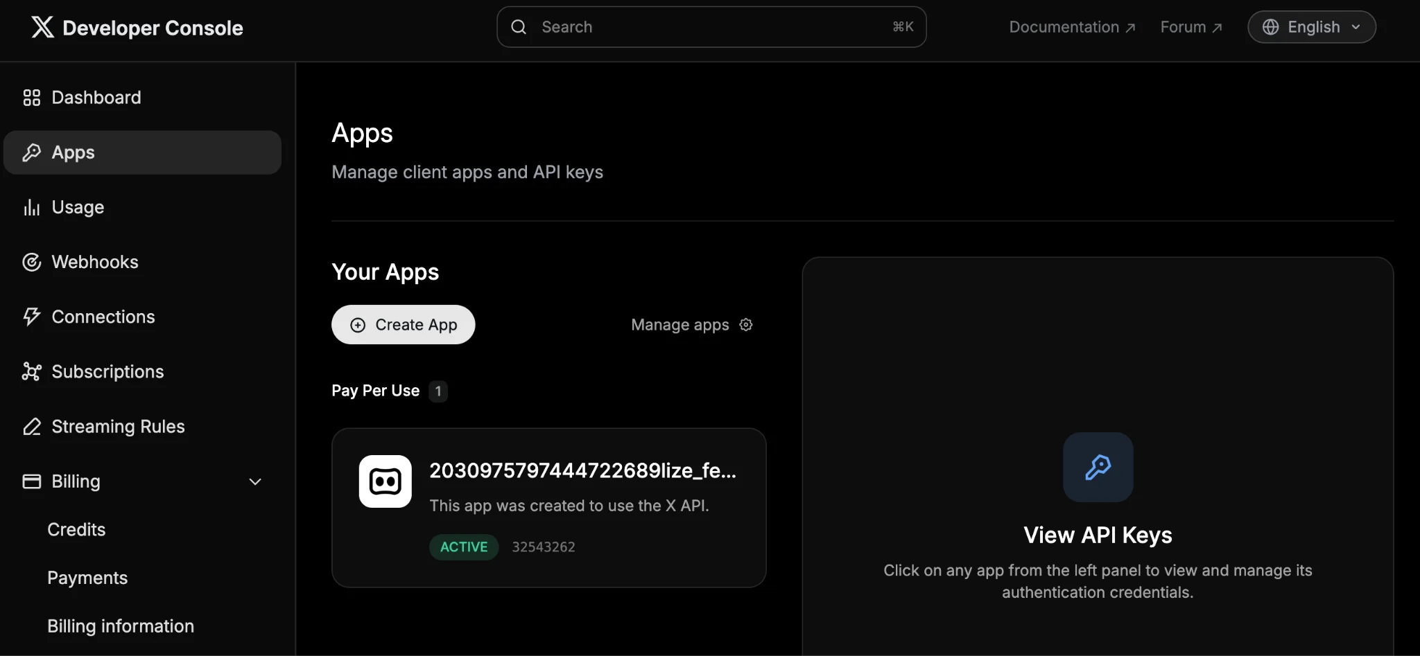 Create App button in the X Developer Console