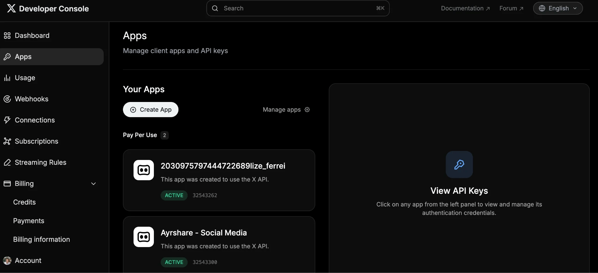 App details page in the X Developer Console