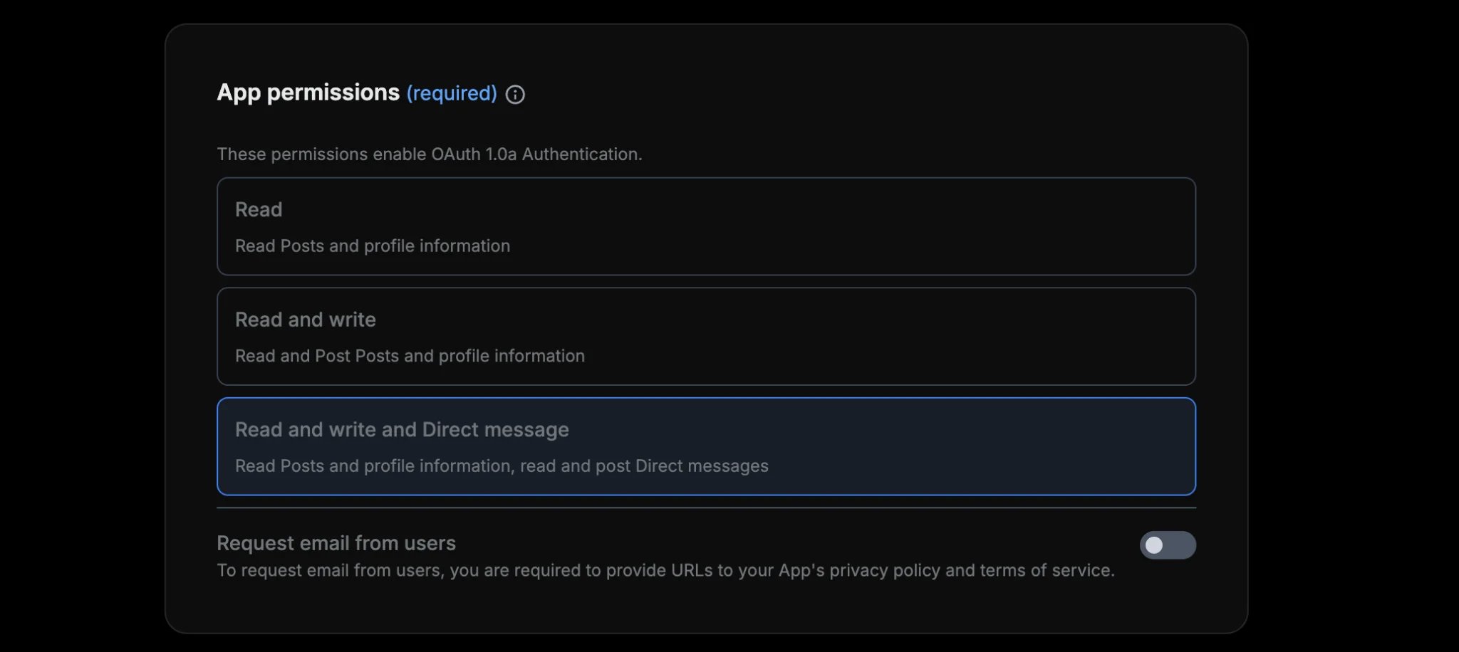 App permissions set to Read and write and Direct message