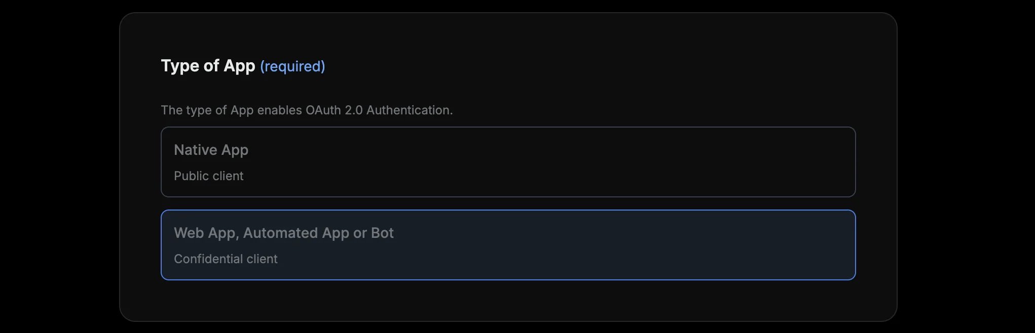 Type of App set to Web App, Automated App or Bot