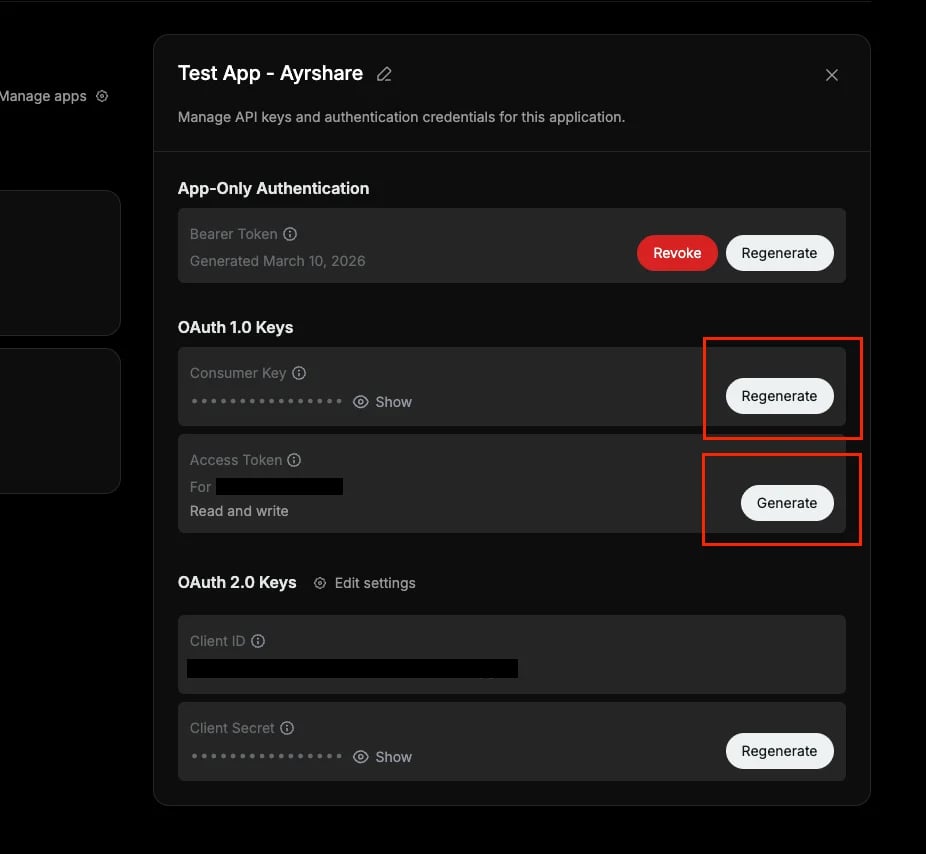 Keys and tokens page showing OAuth 1.0 keys with permission level