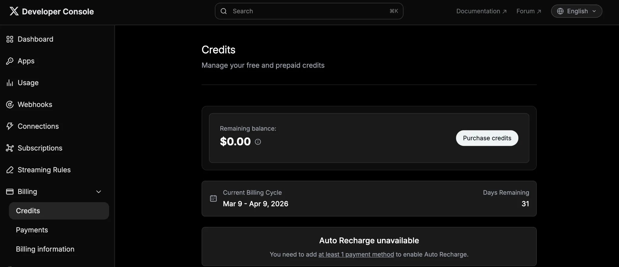 Billing Credits page in X Developer Console