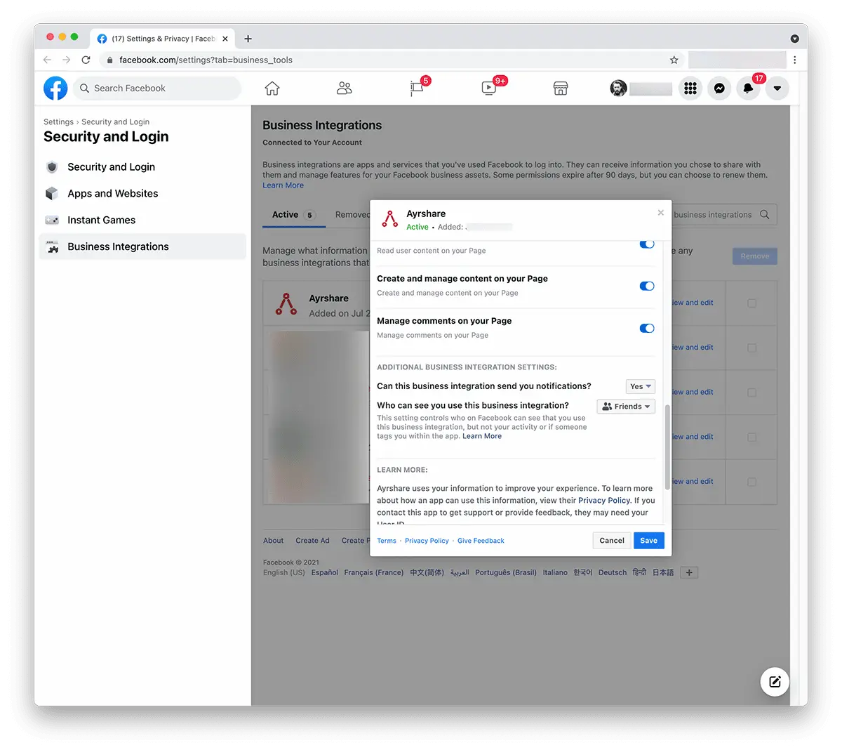 Review Ayrshare Facebook permissions