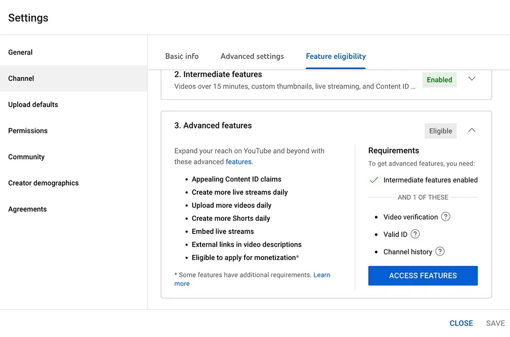 YouTube Feature Eligibility