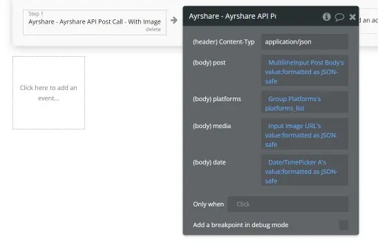 Bubble Ayrshare Plugin Call Example