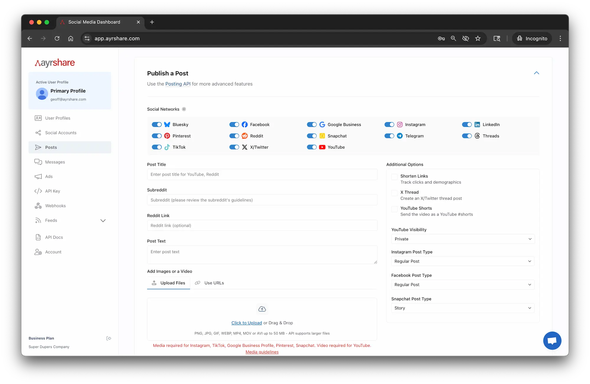 Ayrshare Dashboard Overview