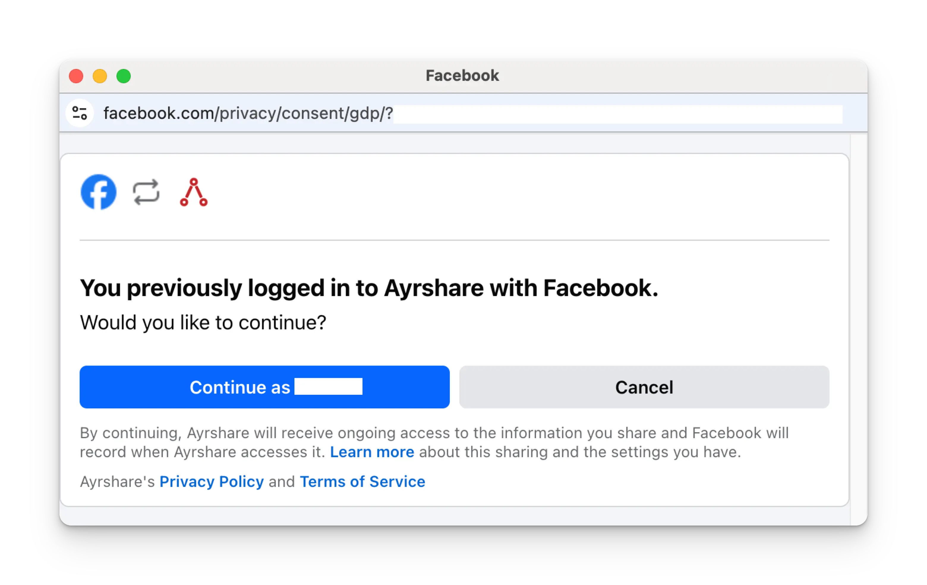 Continue as NAME Facebook login
