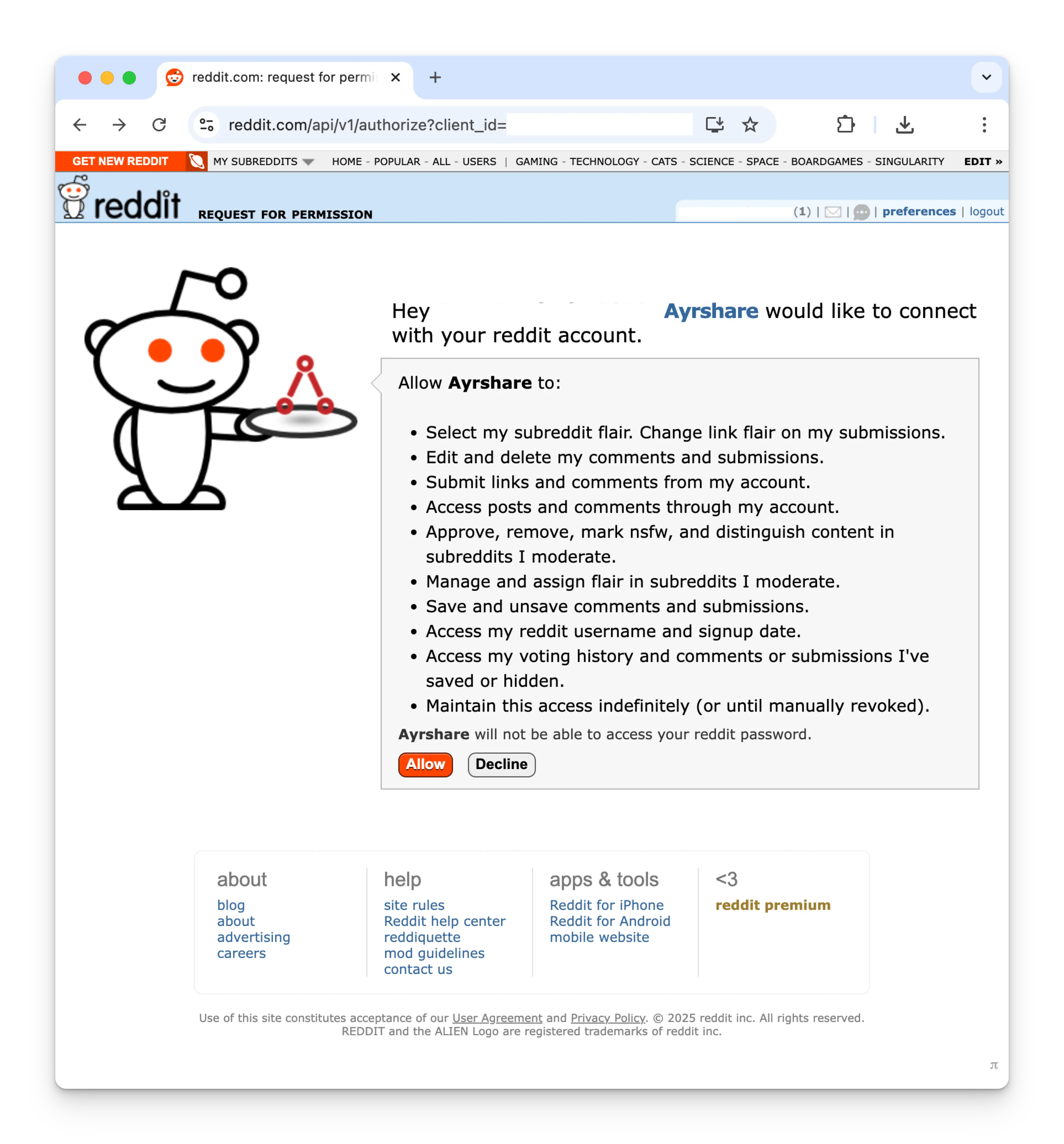 Allow Reddit permissions