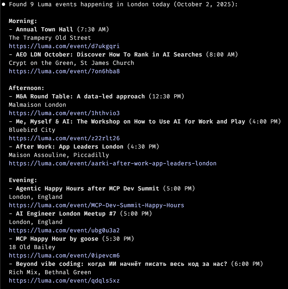 Luma events happening today, retrieved via indices