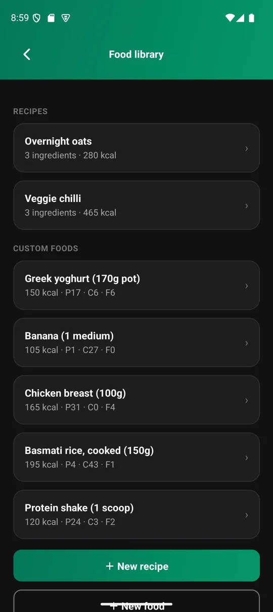 The food library with saved foods and a New food button