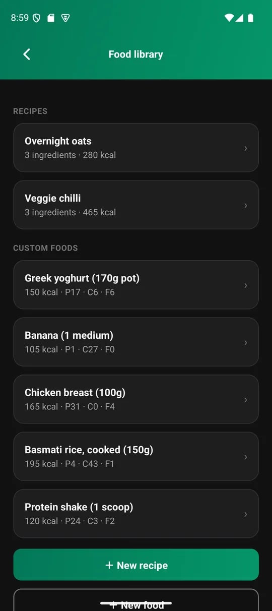The food library with saved foods and a New food button