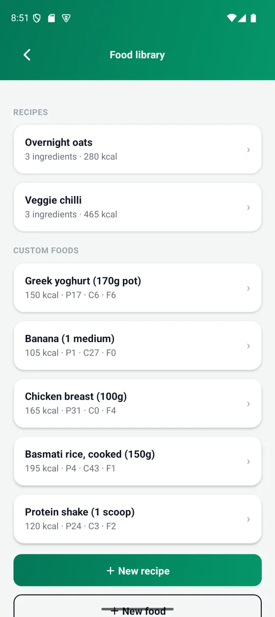 The food library with saved foods and a New food button