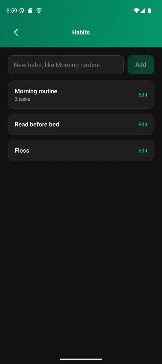 The Habits screen with a list of habits and their streaks