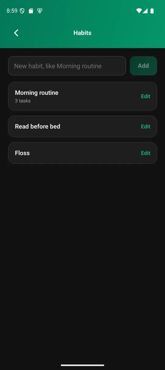 The Habits screen with a list of habits and their streaks