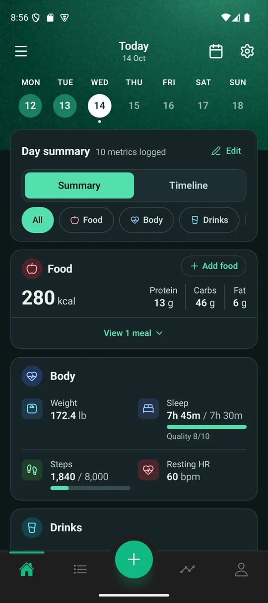 The Home tab: the week strip, the Day summary with Summary and Timeline, and the Food and Body cards