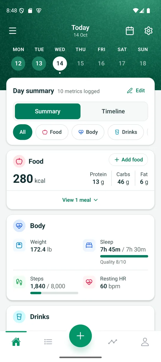 The Home tab: the week strip, the Day summary with Summary and Timeline, and the Food and Body cards