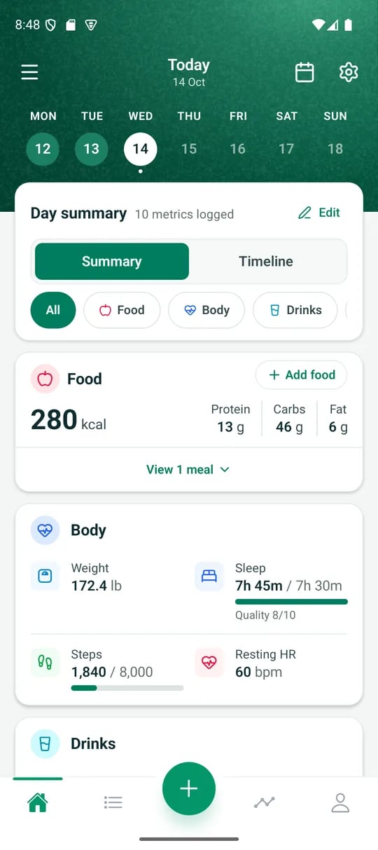 The Home tab: the week strip, the Day summary with Summary and Timeline, and the Food and Body cards