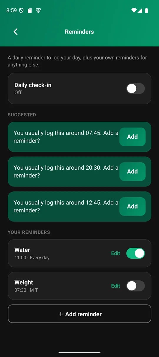 The Reminders screen: the daily check-in card and your own reminders