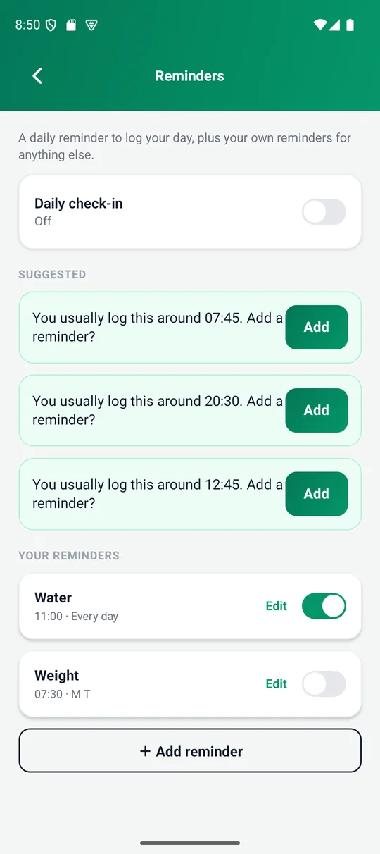 The Reminders screen: the daily check-in card and your own reminders