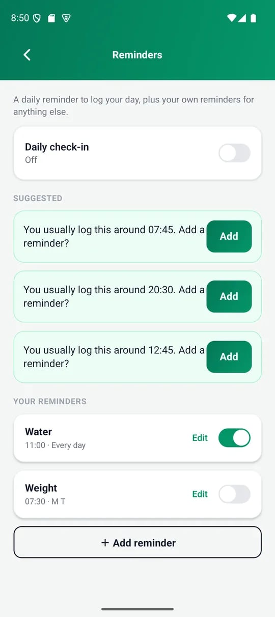 The Reminders screen: the daily check-in card and your own reminders