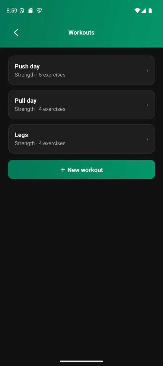 The Workouts screen with saved templates