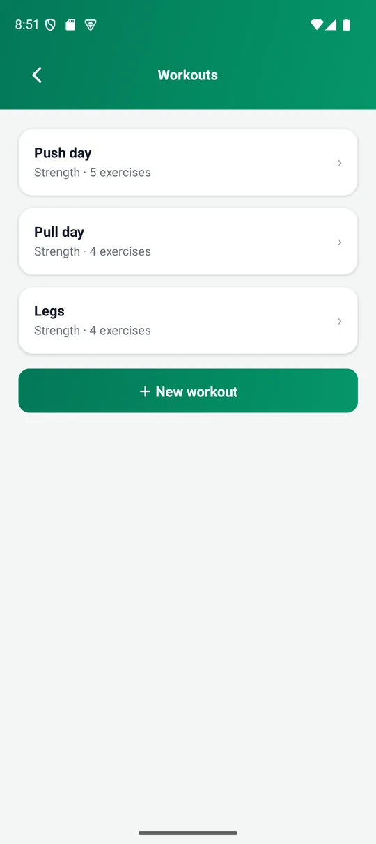 The Workouts screen with saved templates