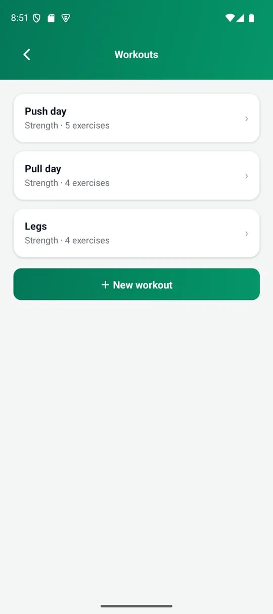 The Workouts screen with saved templates