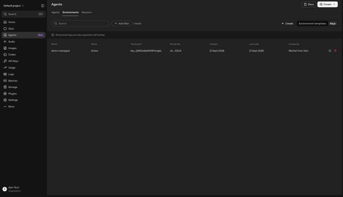 The Environments tab of the OpenAI Agents dashboard, on Keys, listing one active environment key with its tracking id, masked secret, and creation date