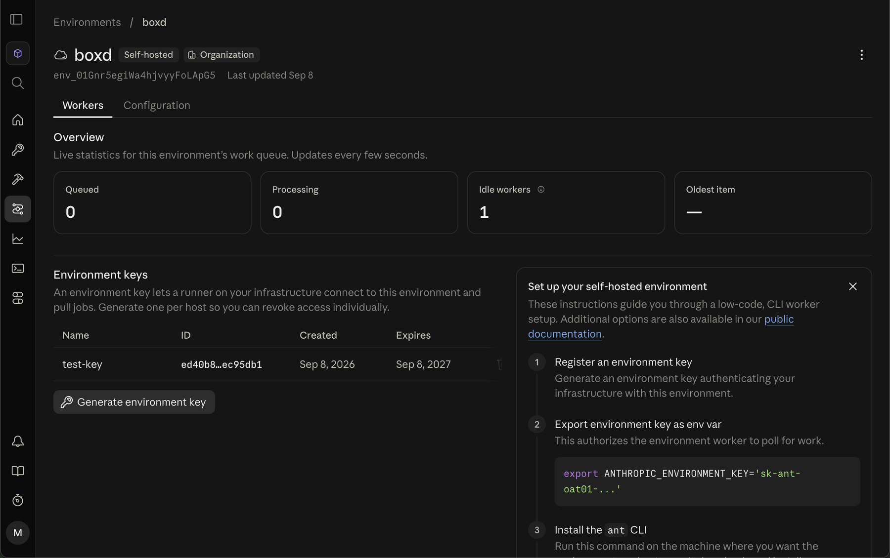The boxd environment page in the Claude Console, typed Self-hosted, showing one idle worker, the environment keys table, and the Generate environment key button
