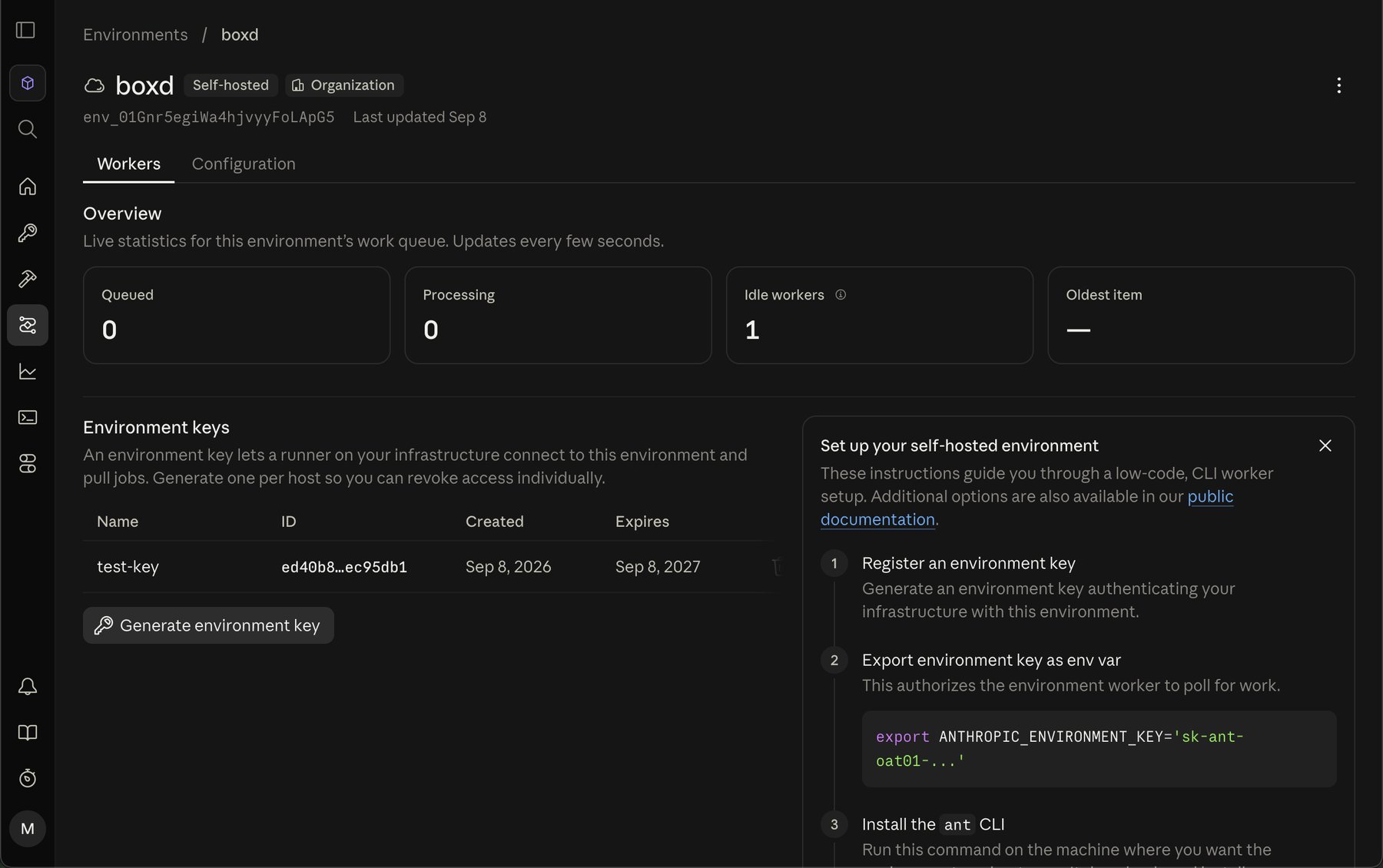The boxd environment page in the Claude Console, typed Self-hosted, showing one idle worker, the environment keys table, and the Generate environment key button