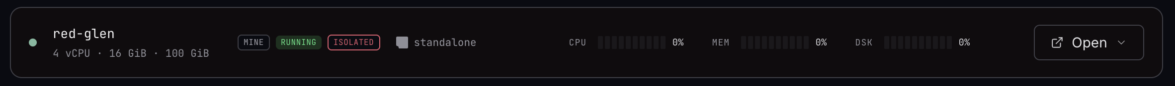 A machine row in the boxd console with an ISOLATED badge next to its running status