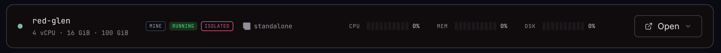 A machine row in the boxd console with an ISOLATED badge next to its running status