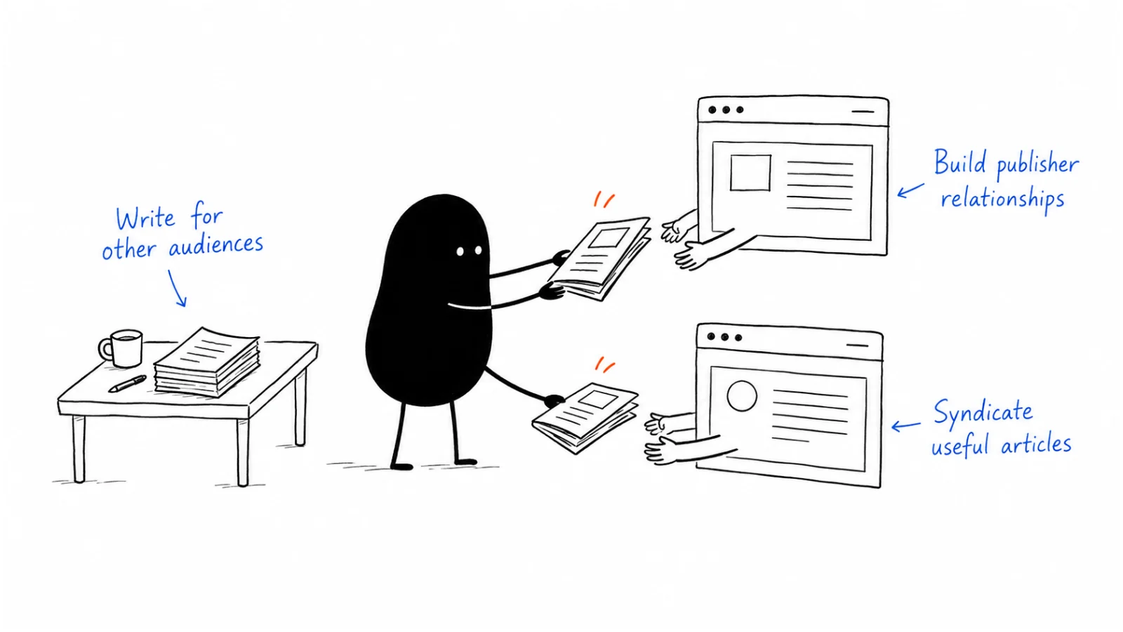 Write for other audiences; Build publisher relationships; Syndicate useful articles