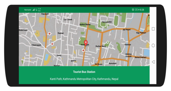 A pin dropped on an Android map, resolved to an address