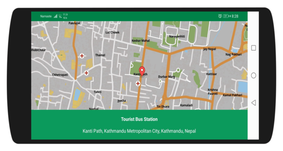 A pin dropped on an Android map, resolved to an address