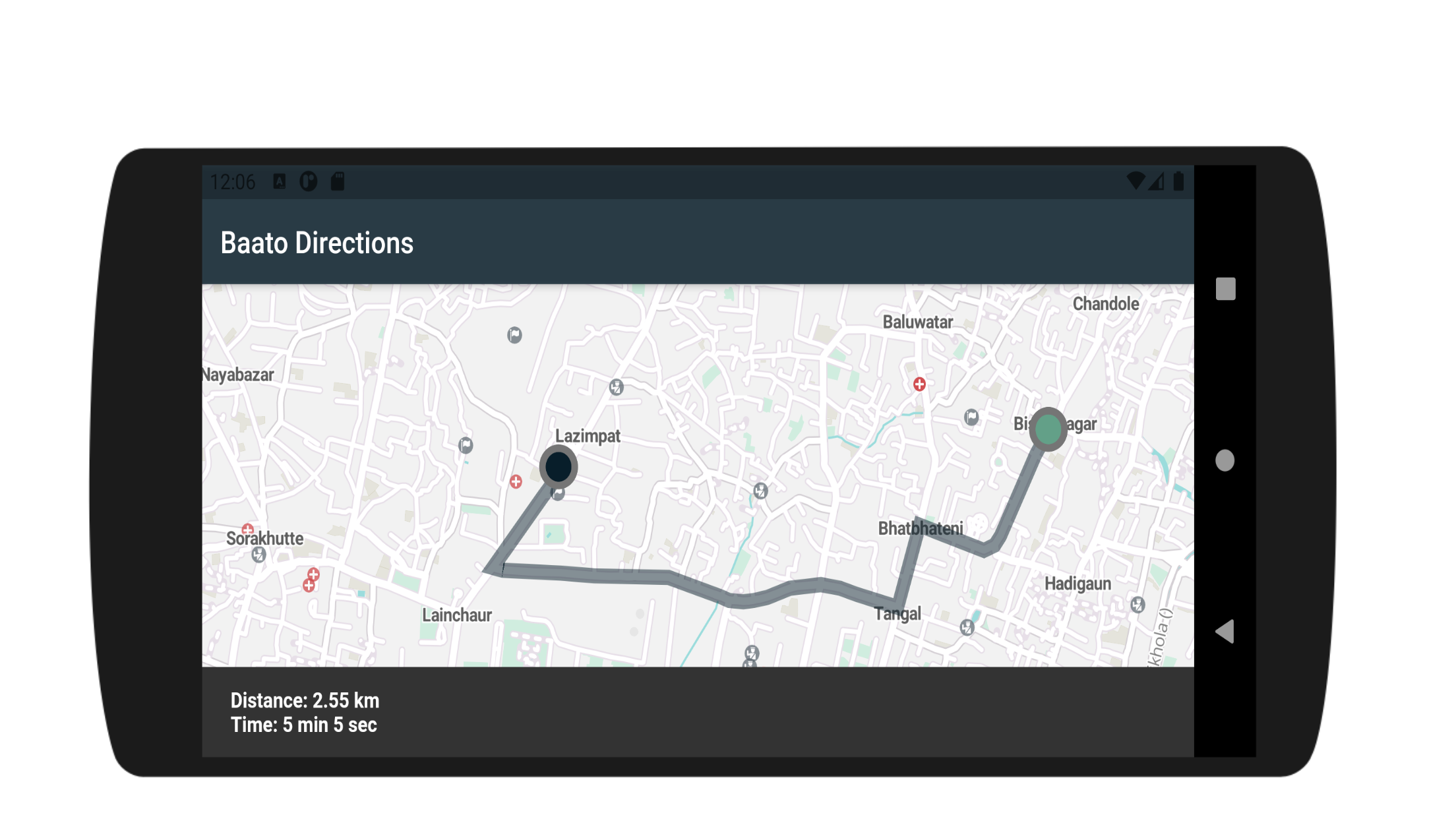 A route drawn between two points in a Flutter app