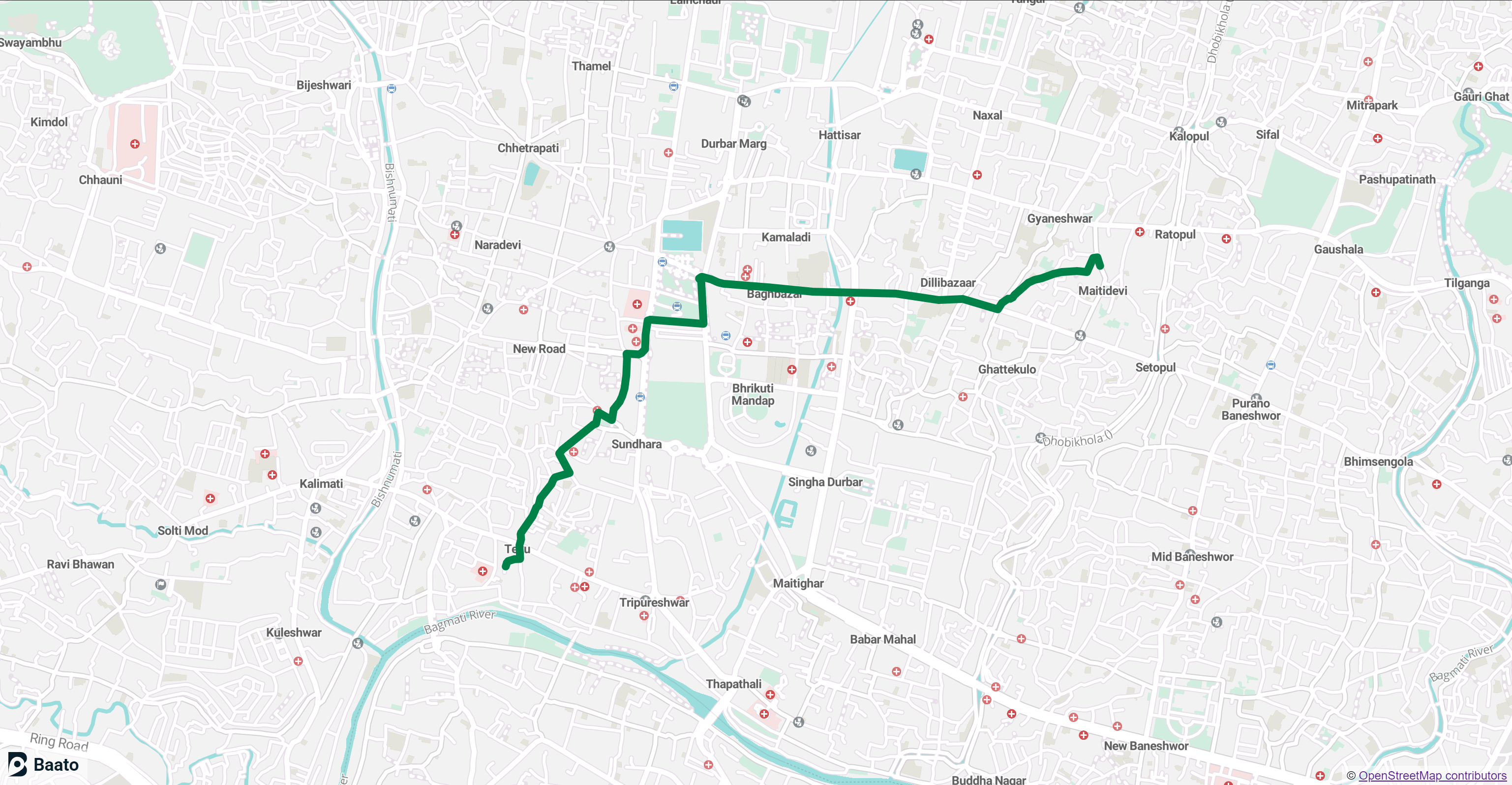 A route drawn between two points on a Baato web map