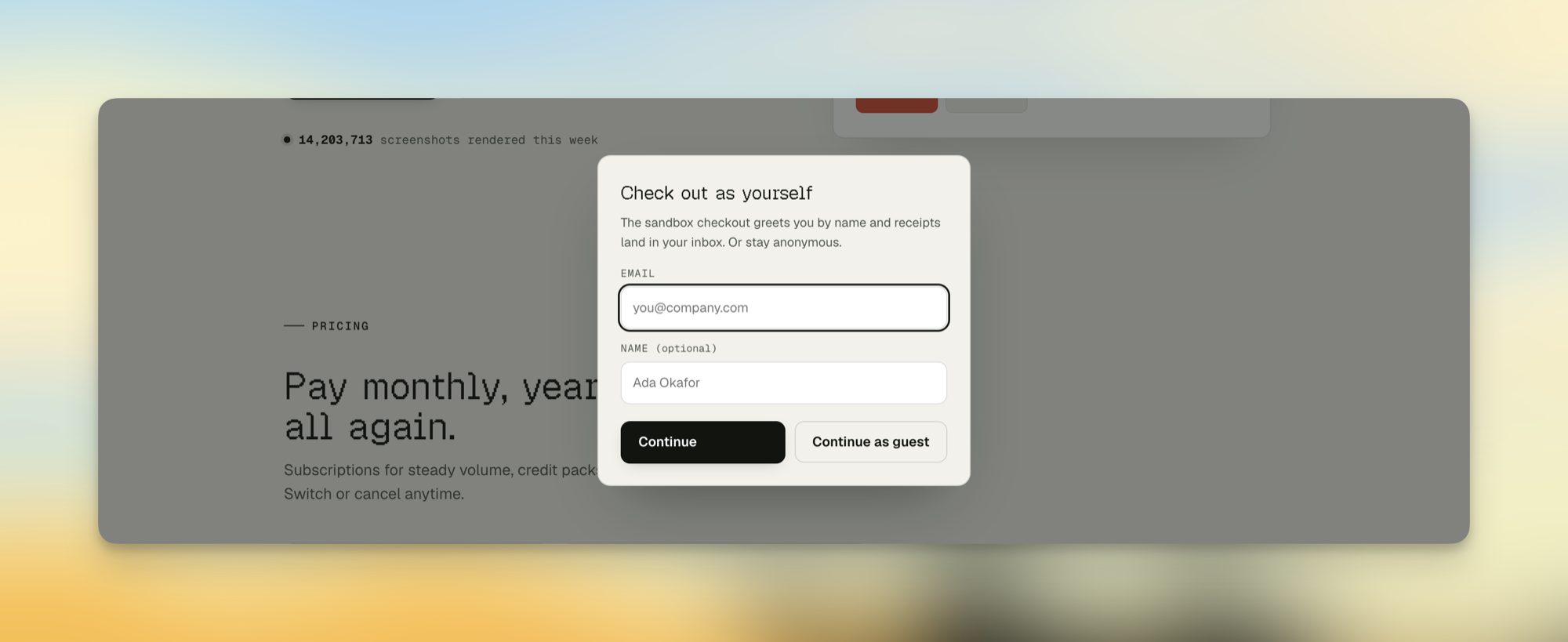 The check out as yourself dialog asking for an email and optional name, with a continue as guest option