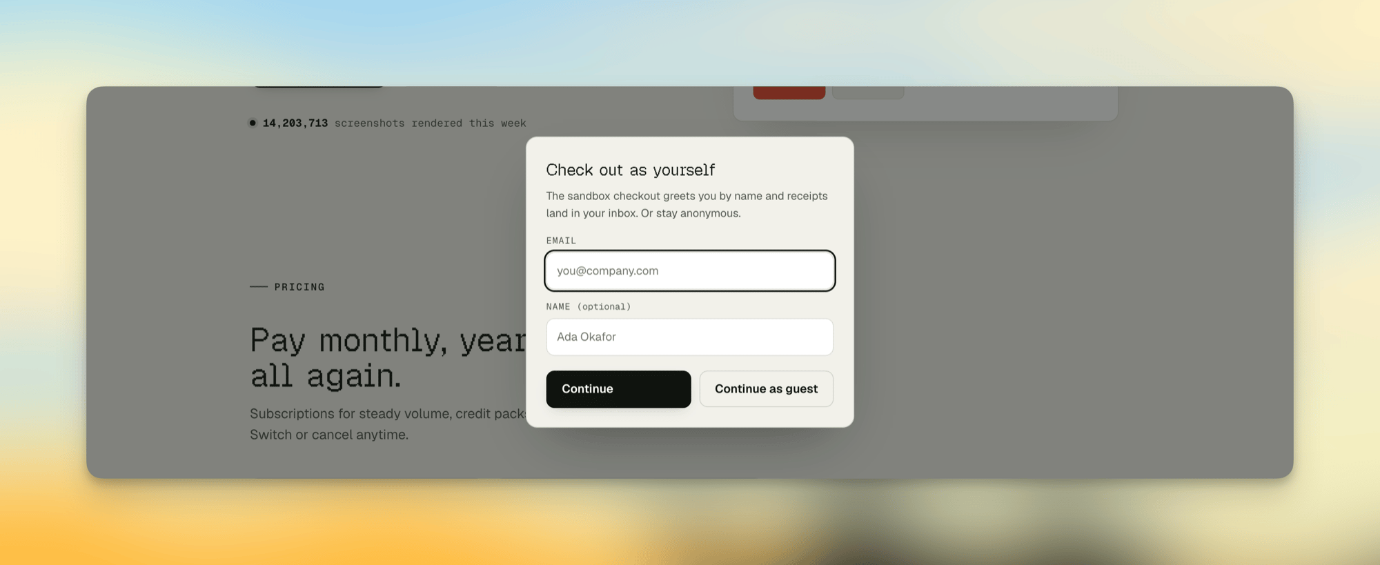The check out as yourself dialog asking for an email and optional name, with a continue as guest option