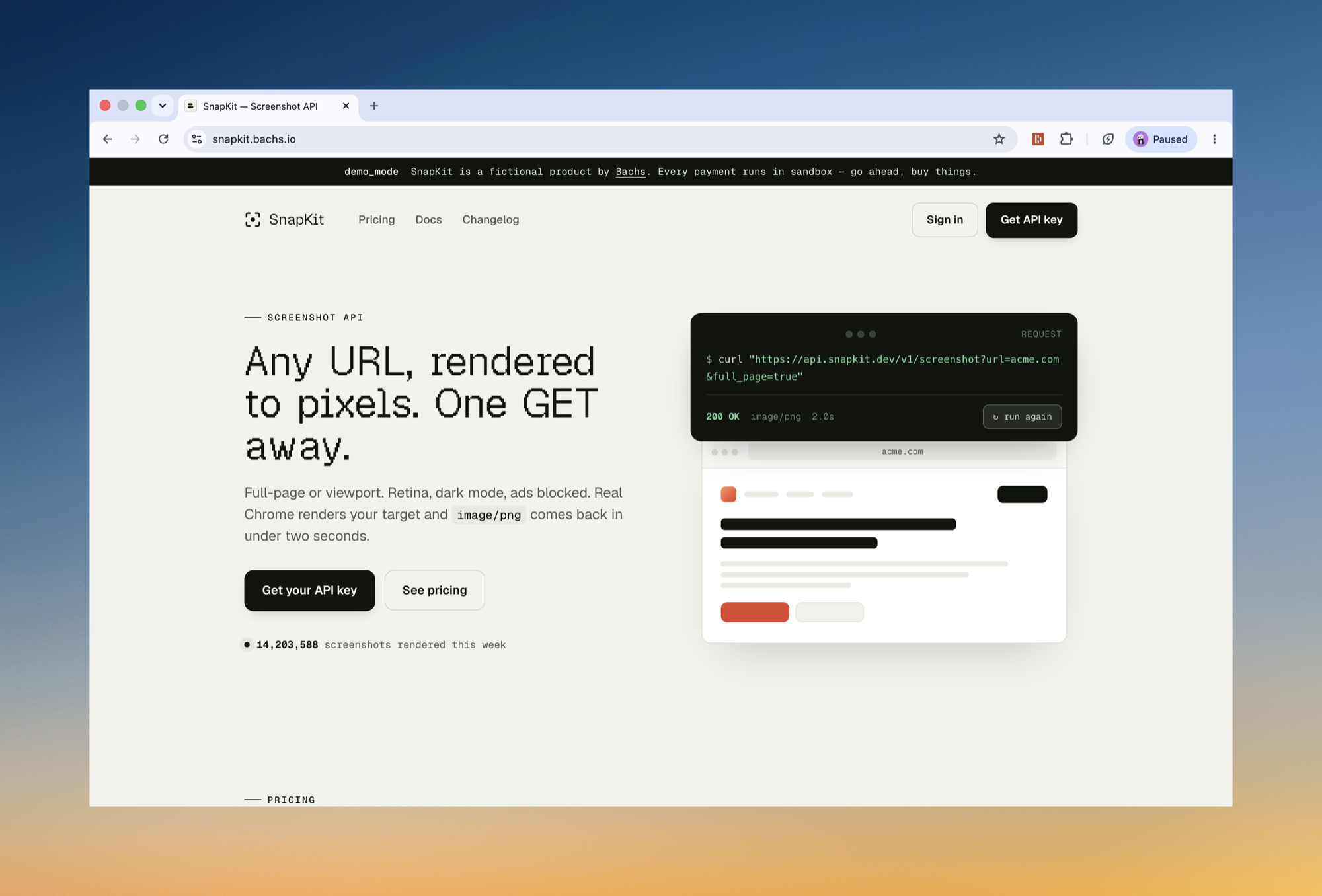 The SnapKit storefront: a fictional screenshot API whose every button opens a real Bachs checkout