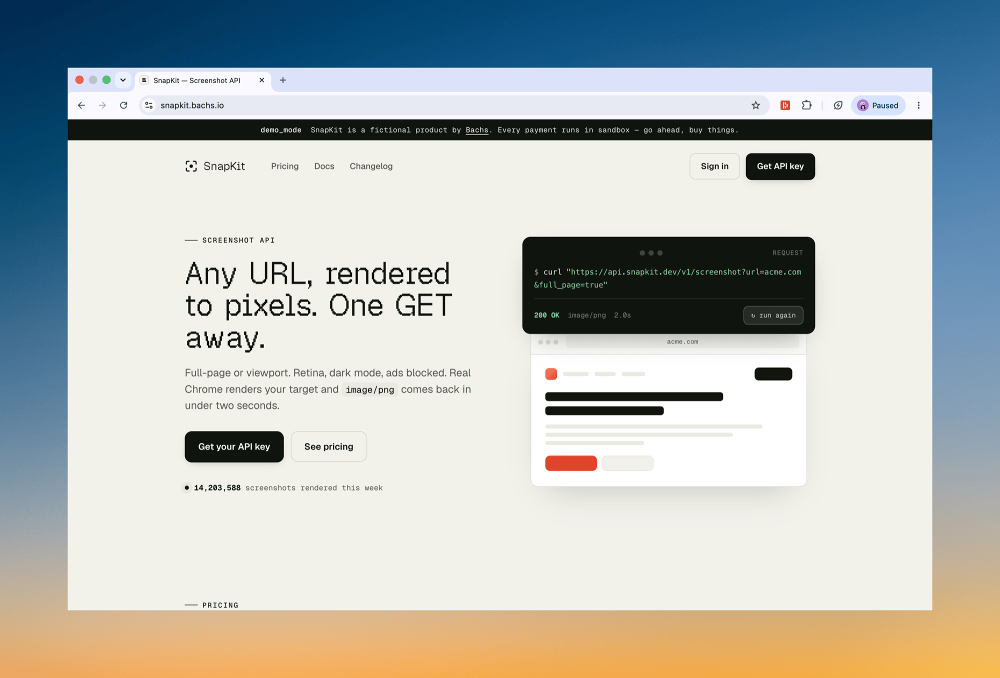 The SnapKit storefront: a fictional screenshot API whose every button opens a real Bachs checkout