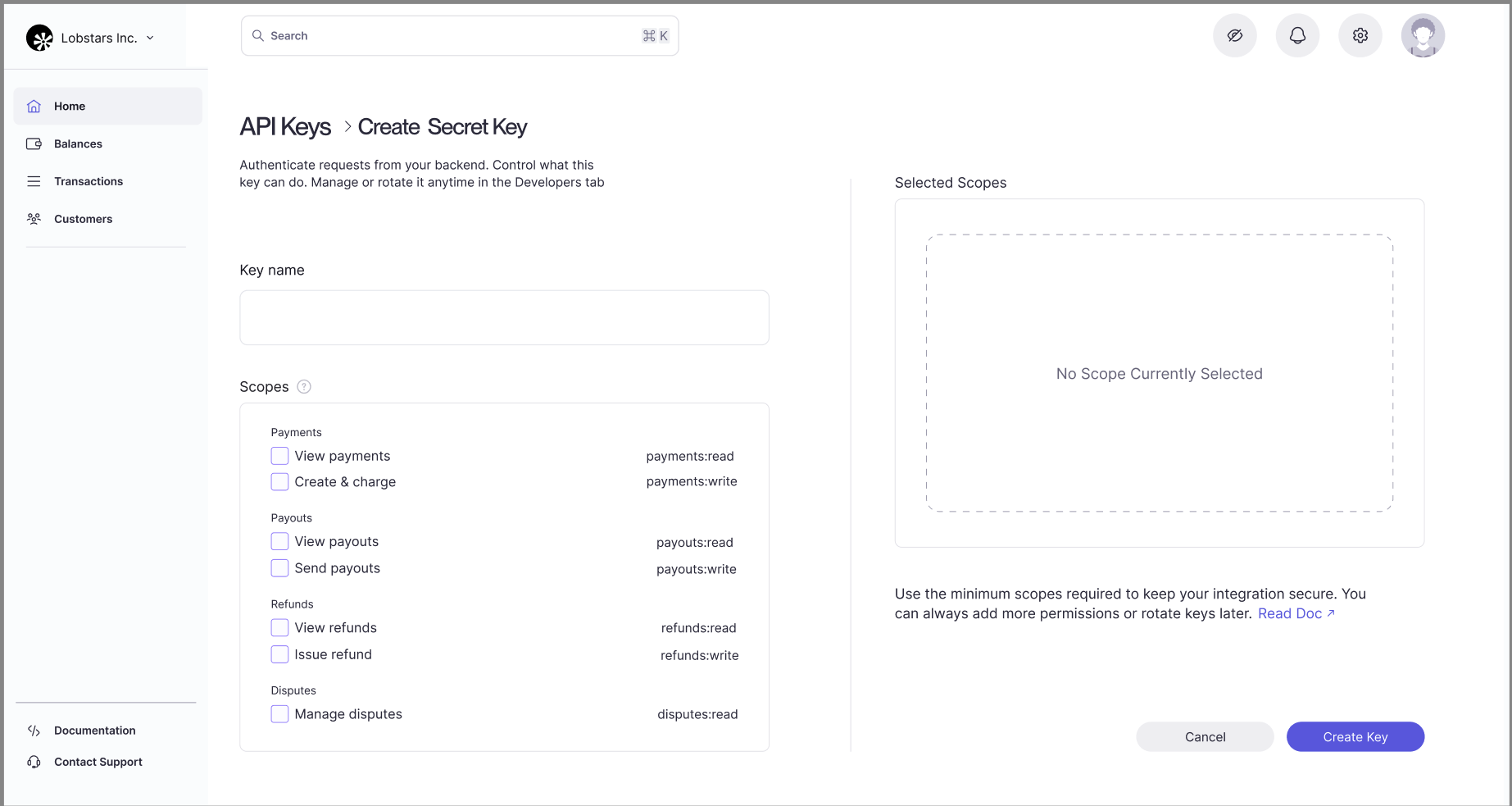 API Keys section dashboard