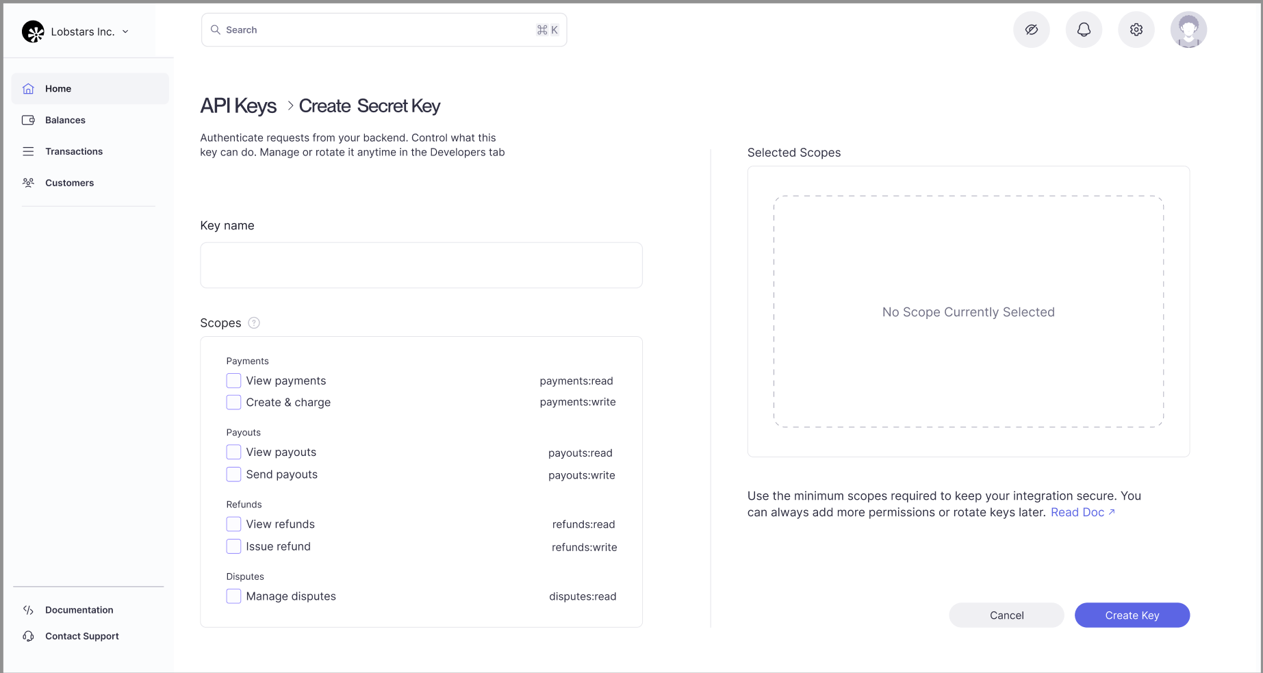 API Keys section dashboard