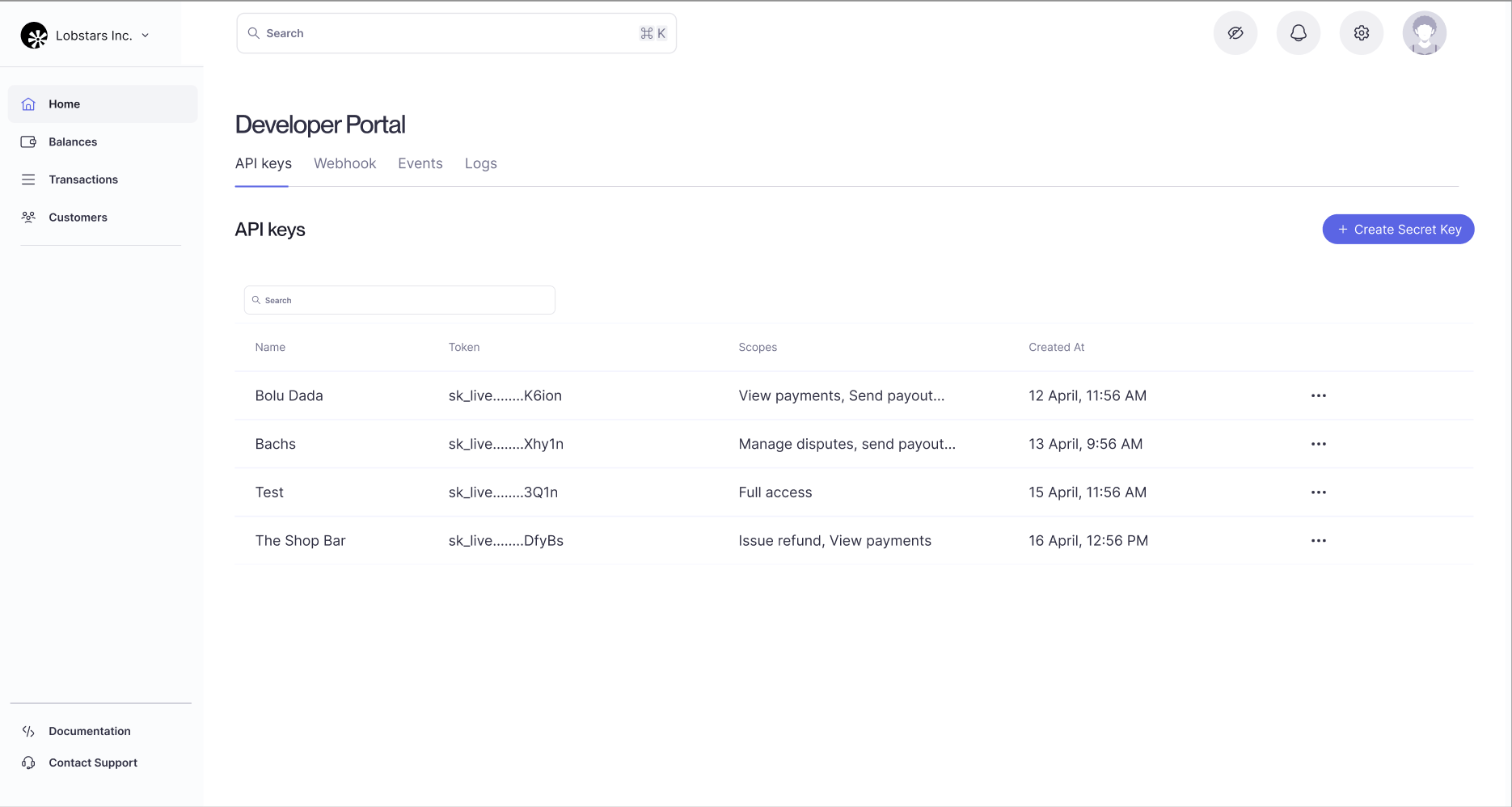 API Keys section dashboard