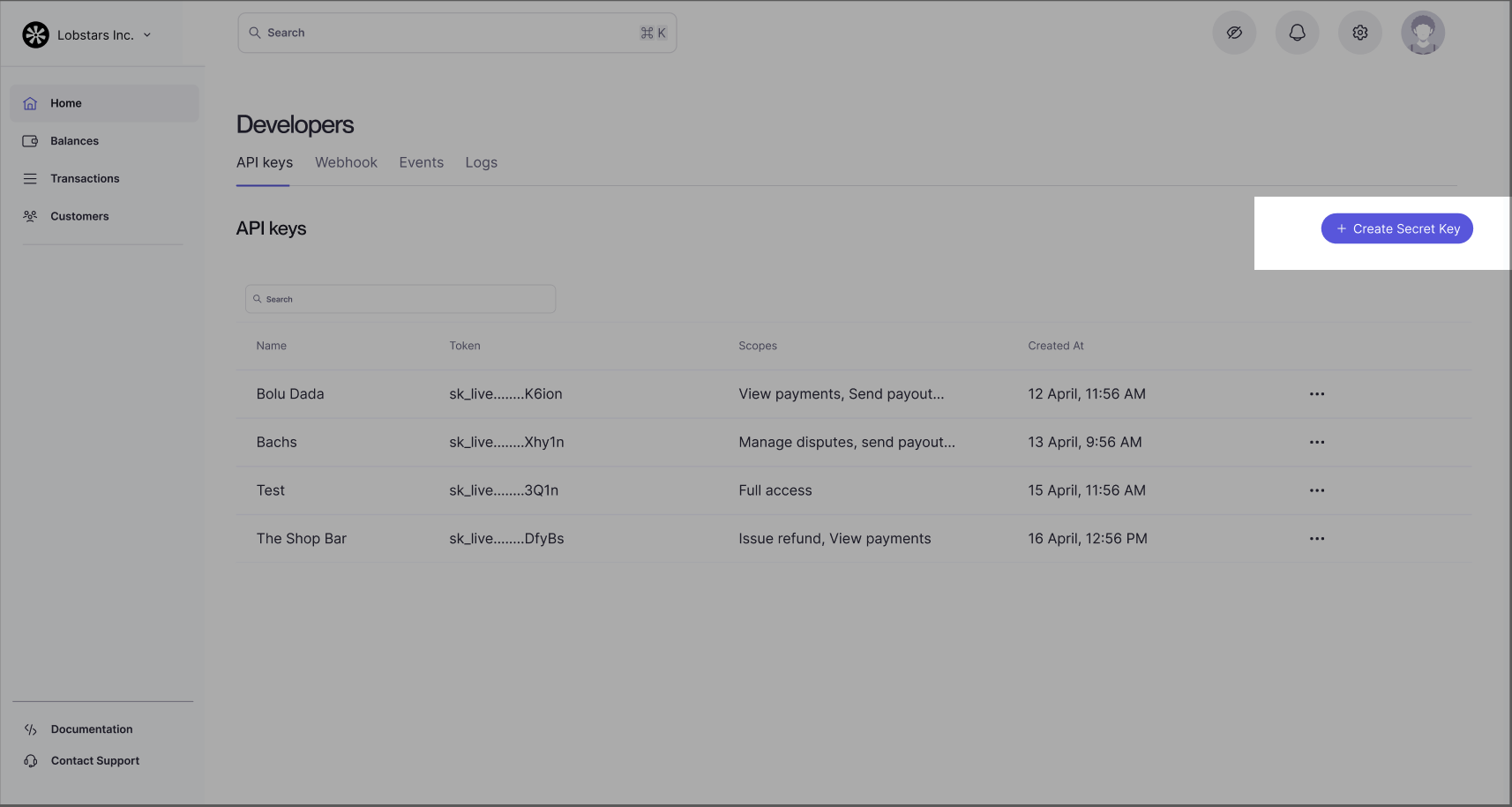 API Keys section dashboard