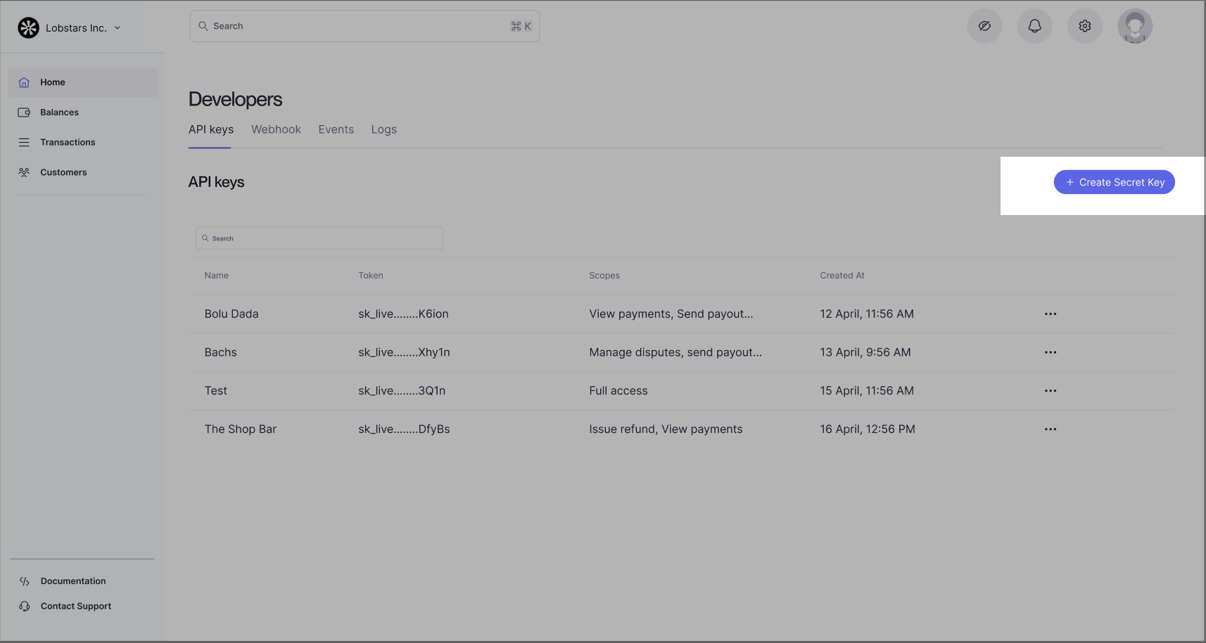 API Keys section dashboard