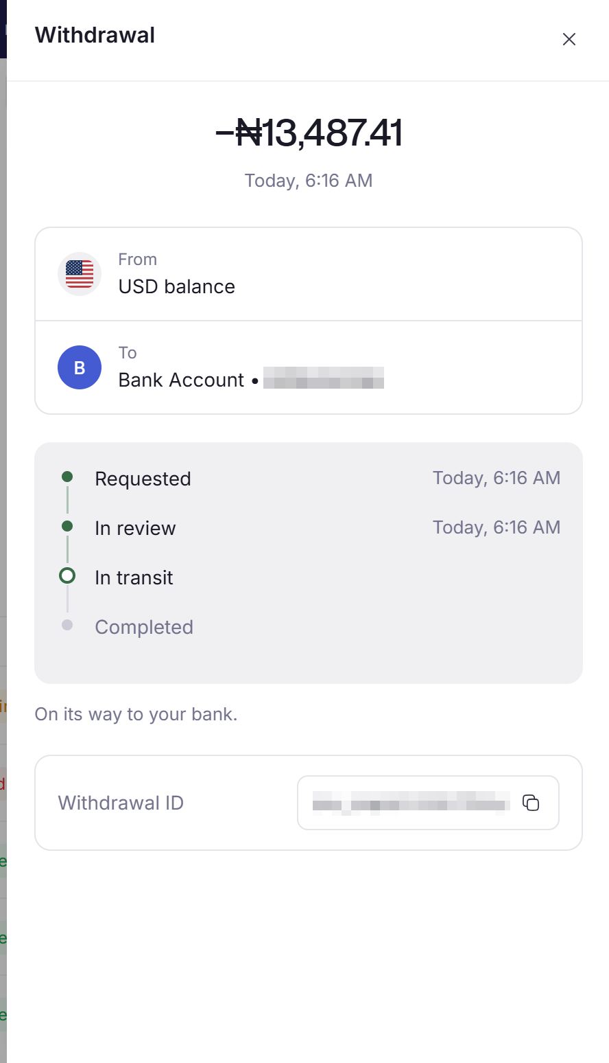 The Withdrawal detail panel showing the source balance, destination account, a Requested, In review, In transit and Completed timeline, and the withdrawal ID.